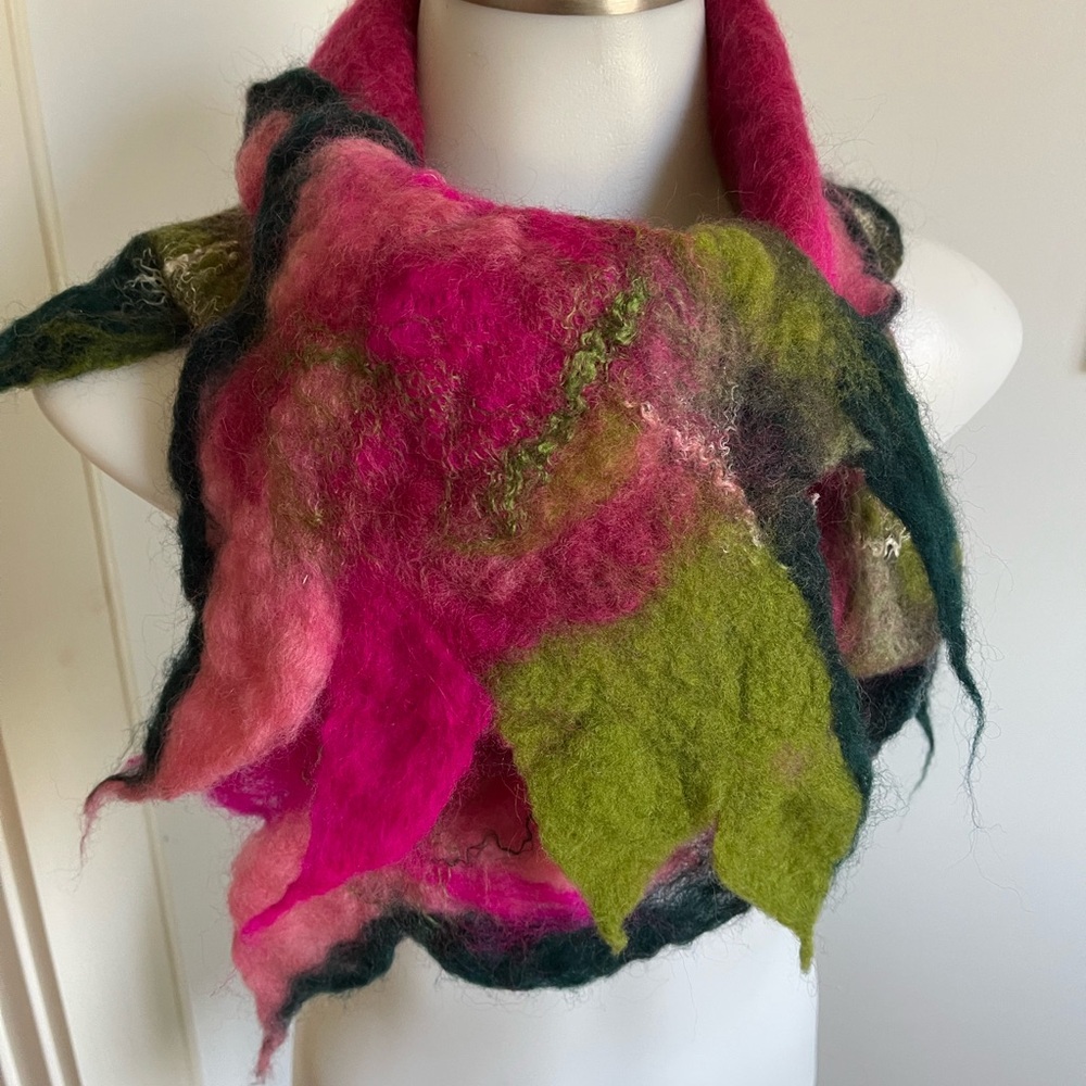 Handcrafted Felted Wool Scarf in Hot Pink & Olive Green
